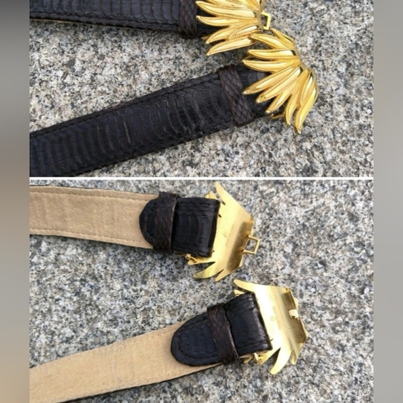 Vintage Women’s Gold Tone Leaves Buckle with Genuine Dark Brown Snake Skin Belt - Picture 10 of 16
